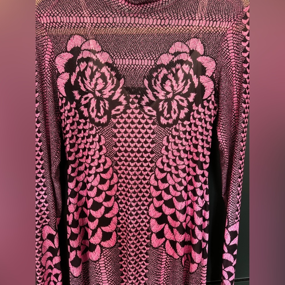 🖤💖 AFRM NWT Pink Black Mesh Turtleneck Bodycon Midi Dress Statement Print M - Picture 3 of 8